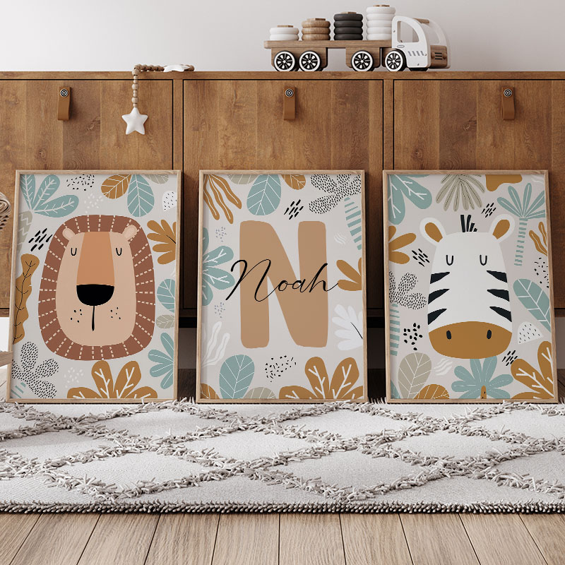 Baby Nursery Name Wall Art - Lion Zebra Leaf Custom Name Nursery