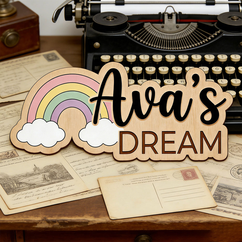 Baby Nursery Name Wall Art - Custom Name Dreamy Rainbow Wooden Sign
