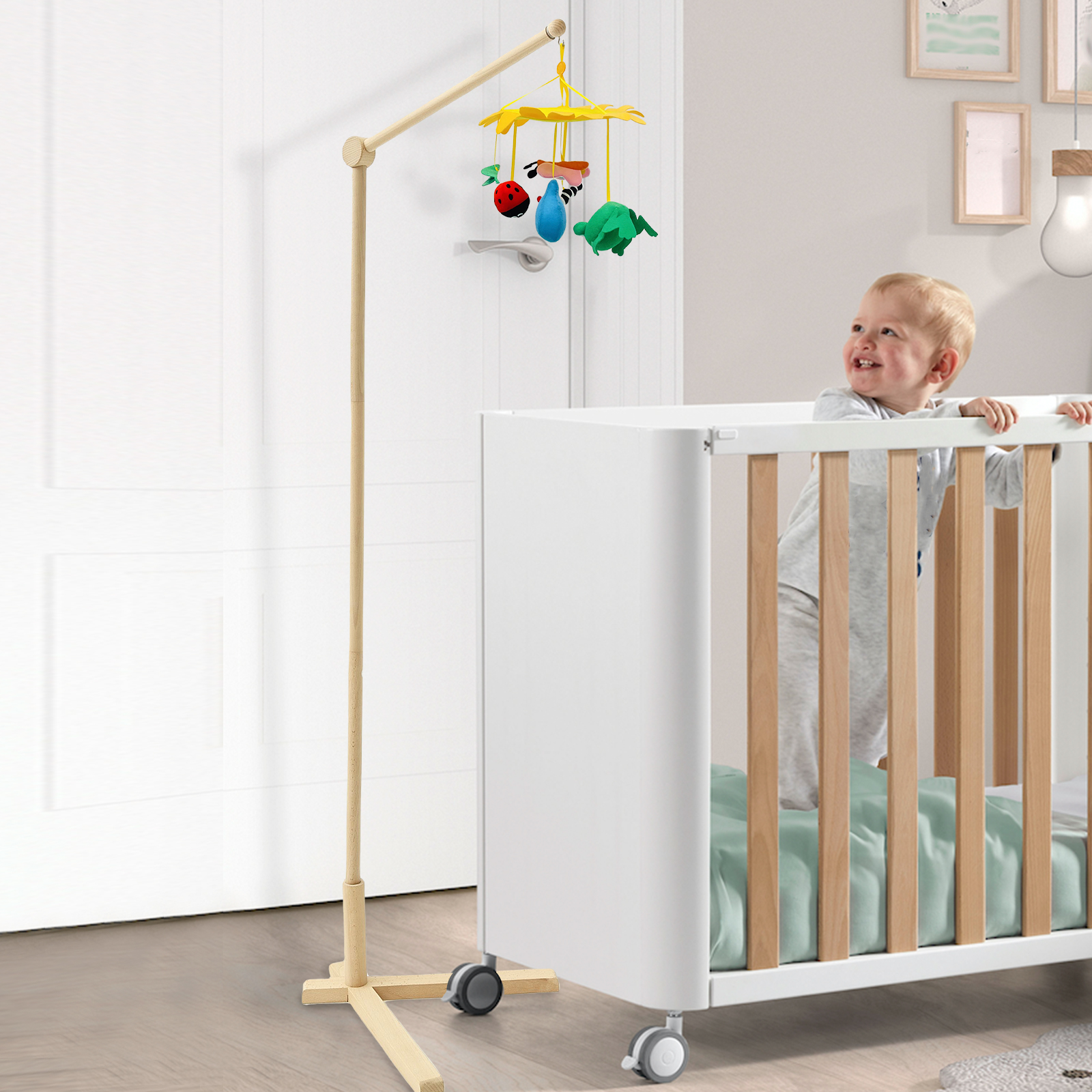 Baby Nursery Toy - Wood Floor Standing Crib Mobile Arm