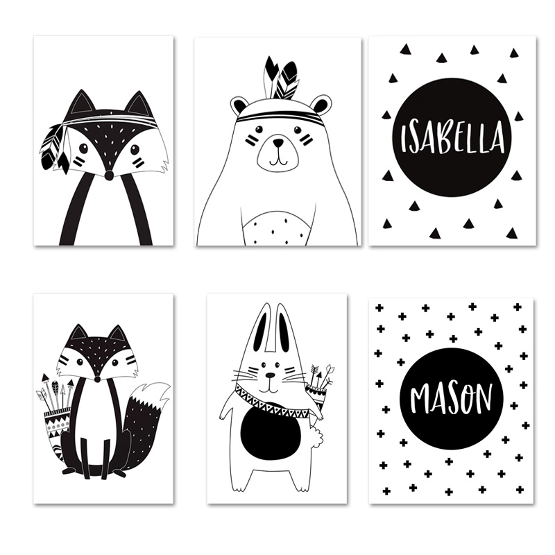 Black White Cartoon Bear Rabbi - Baby Nursery Name Wall Art 评论和价格