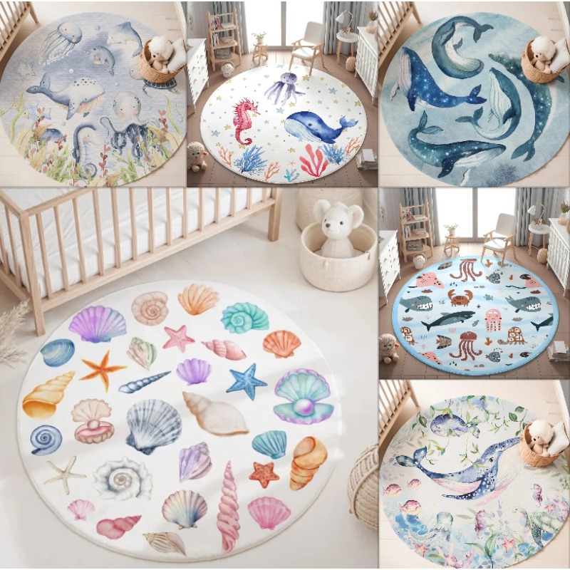 Blue Marine Animals Round Carp - Baby Nursery Carpet 评论和价格