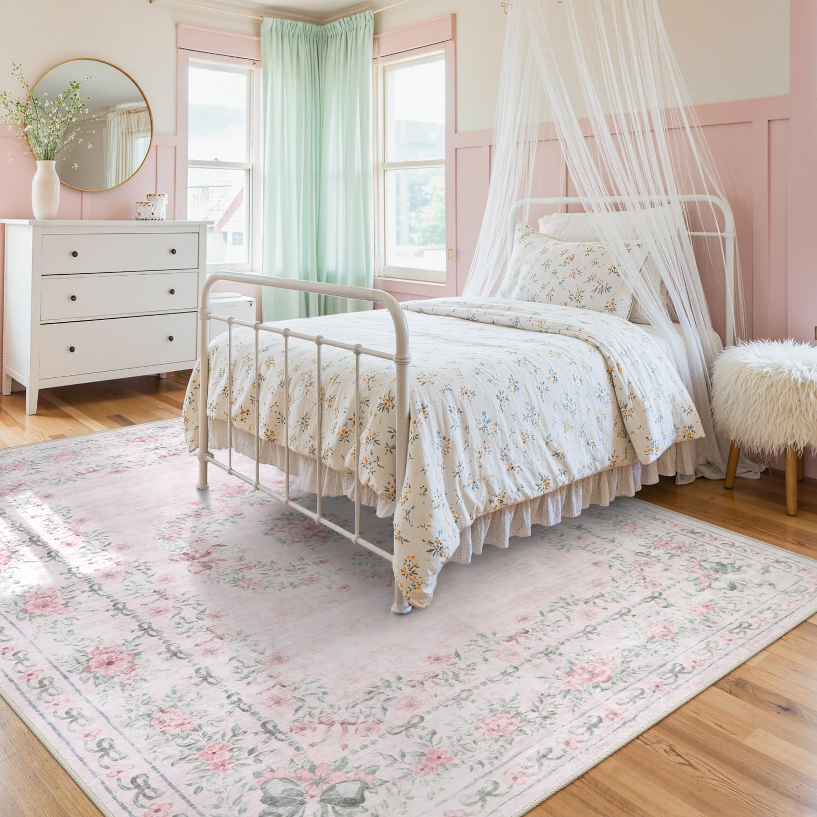 Floral Bow Rug for Girls Bedro - Baby Nursery Carpet 评论和价格