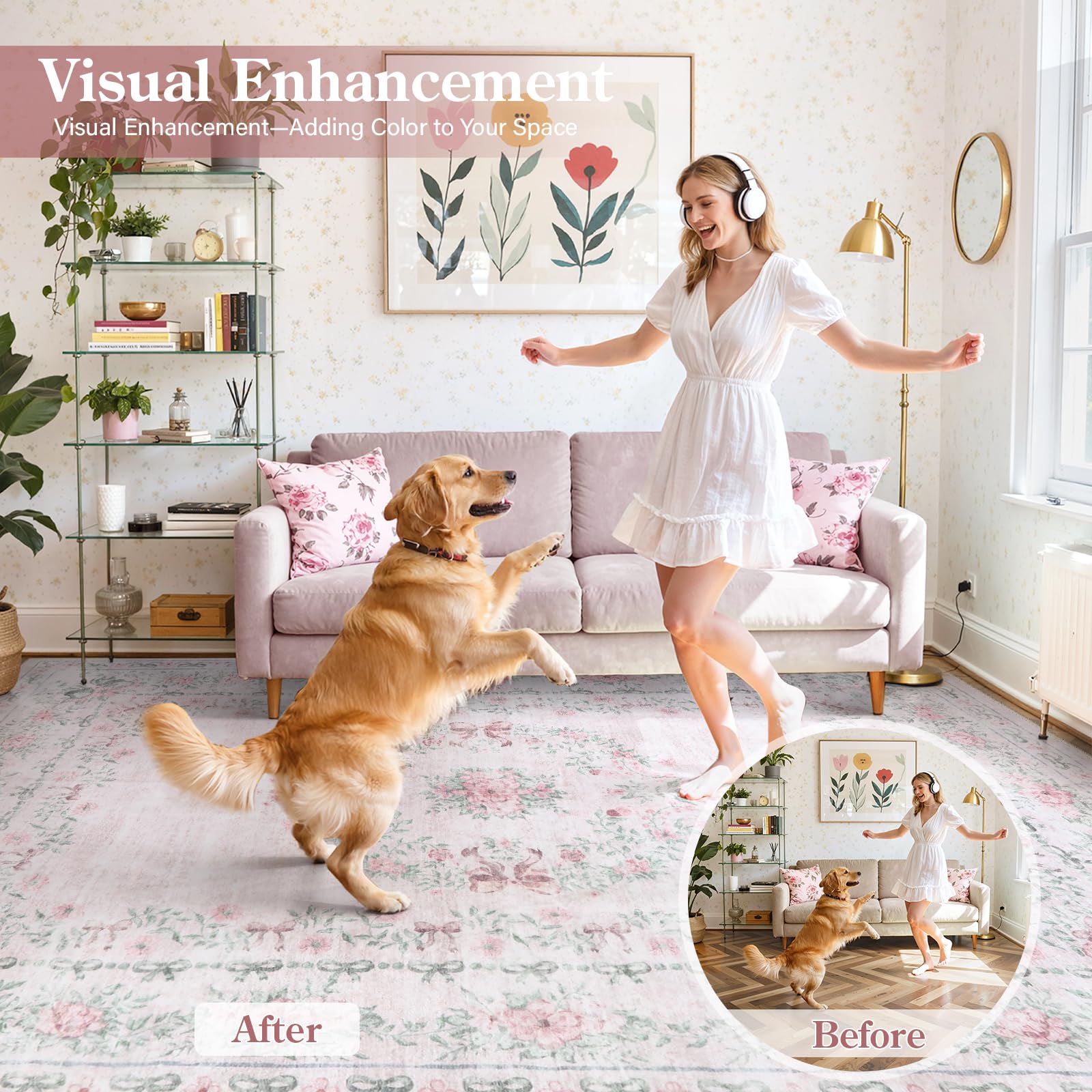 Floral Bow Rug for Girls Bedro - Baby Nursery Carpet 评论和价格