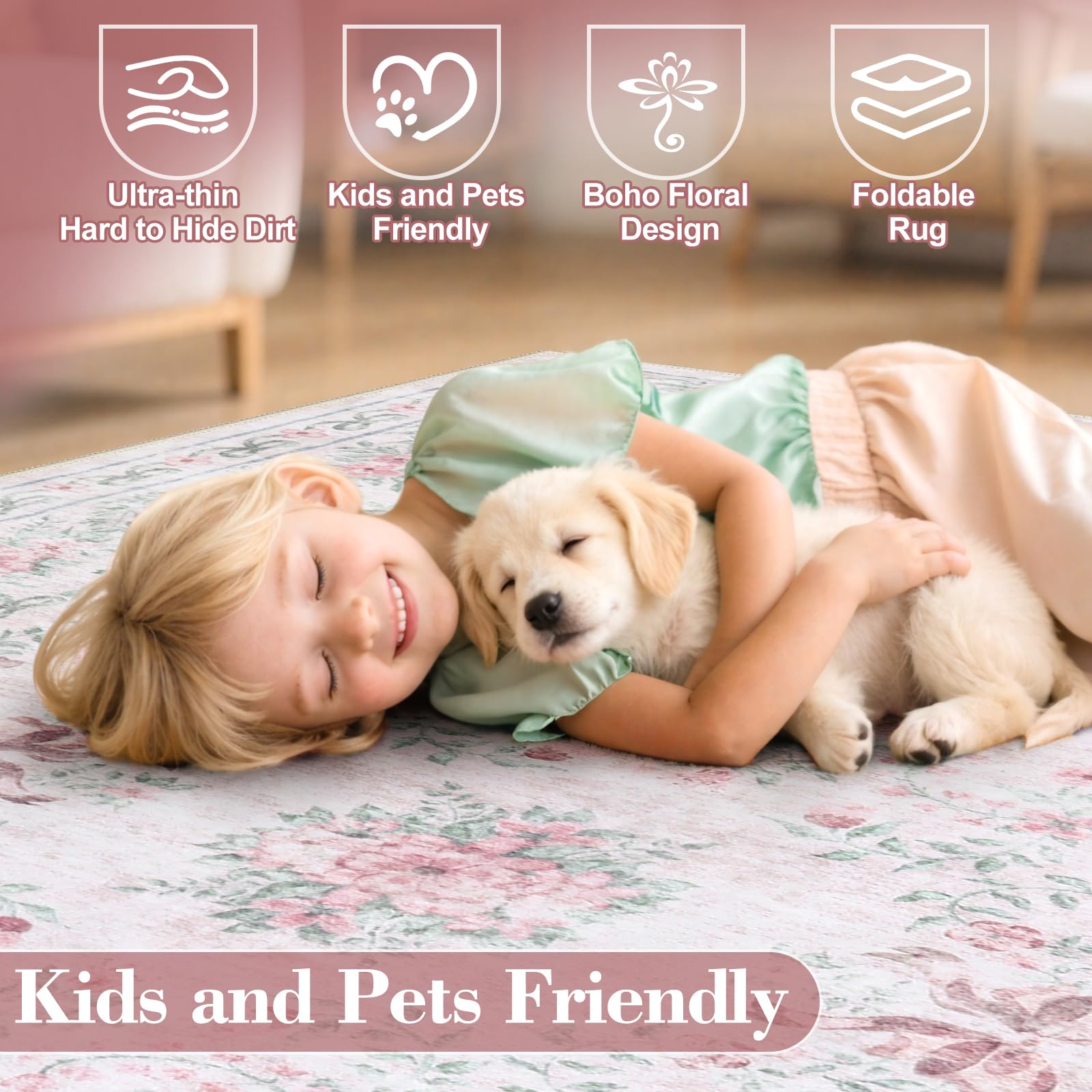 Floral Bow Rug for Girls Bedro - Baby Nursery Carpet 评论和价格