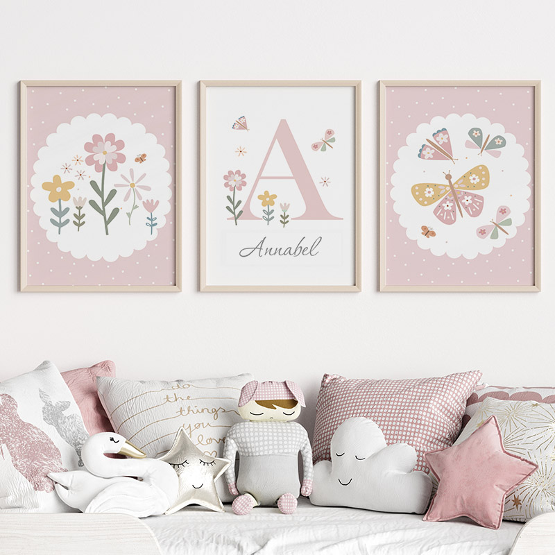Pink Butterfly Flowers Custom  - Baby Nursery Name Wall Art 评论和价格