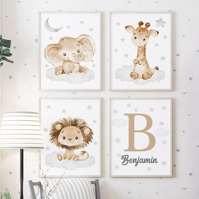 Elephant Giraffe Lion Custom B - Baby Nursery Name Wall Art 评论和价格