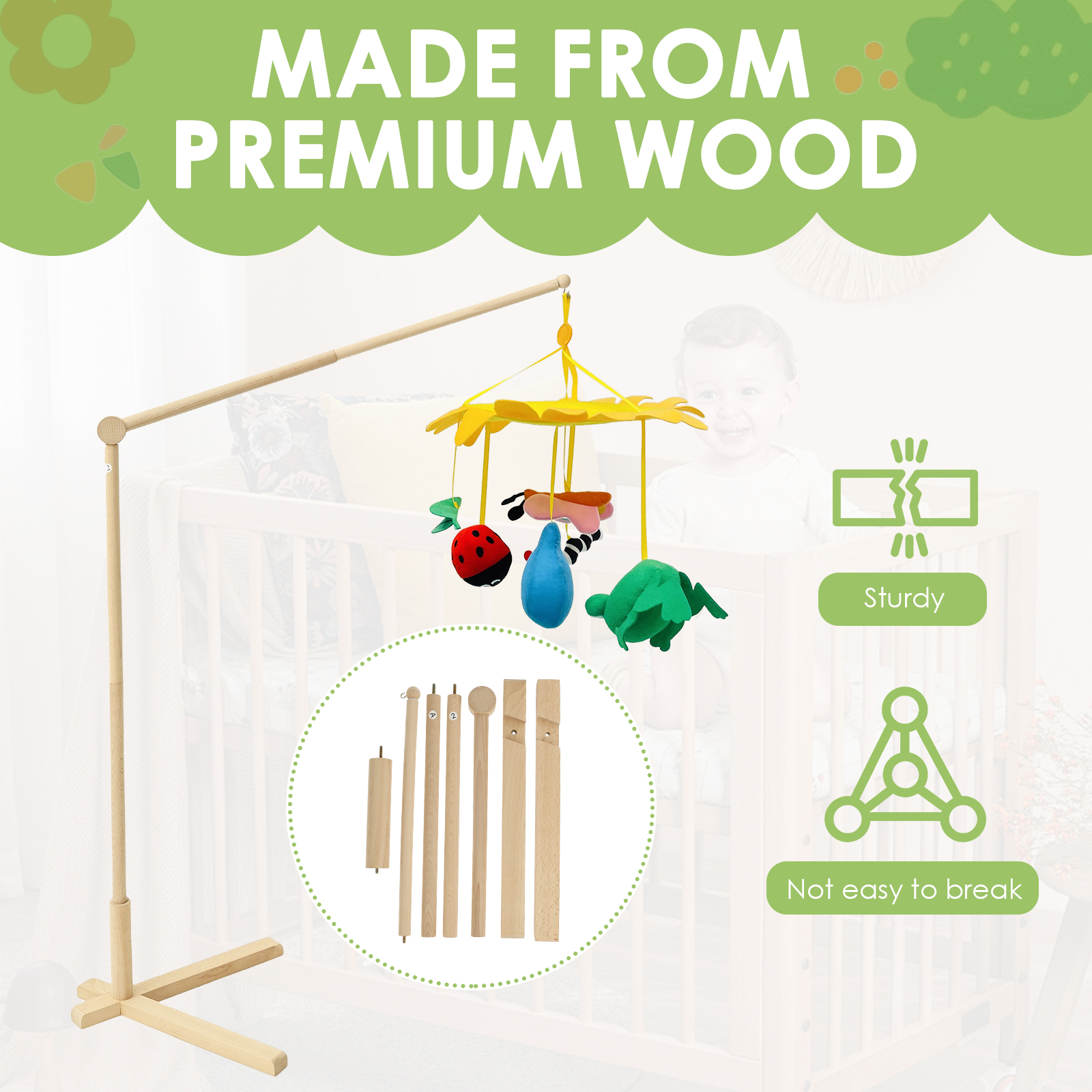 Wood Floor Standing Crib Mobil - Baby Nursery Toy 评论和价格