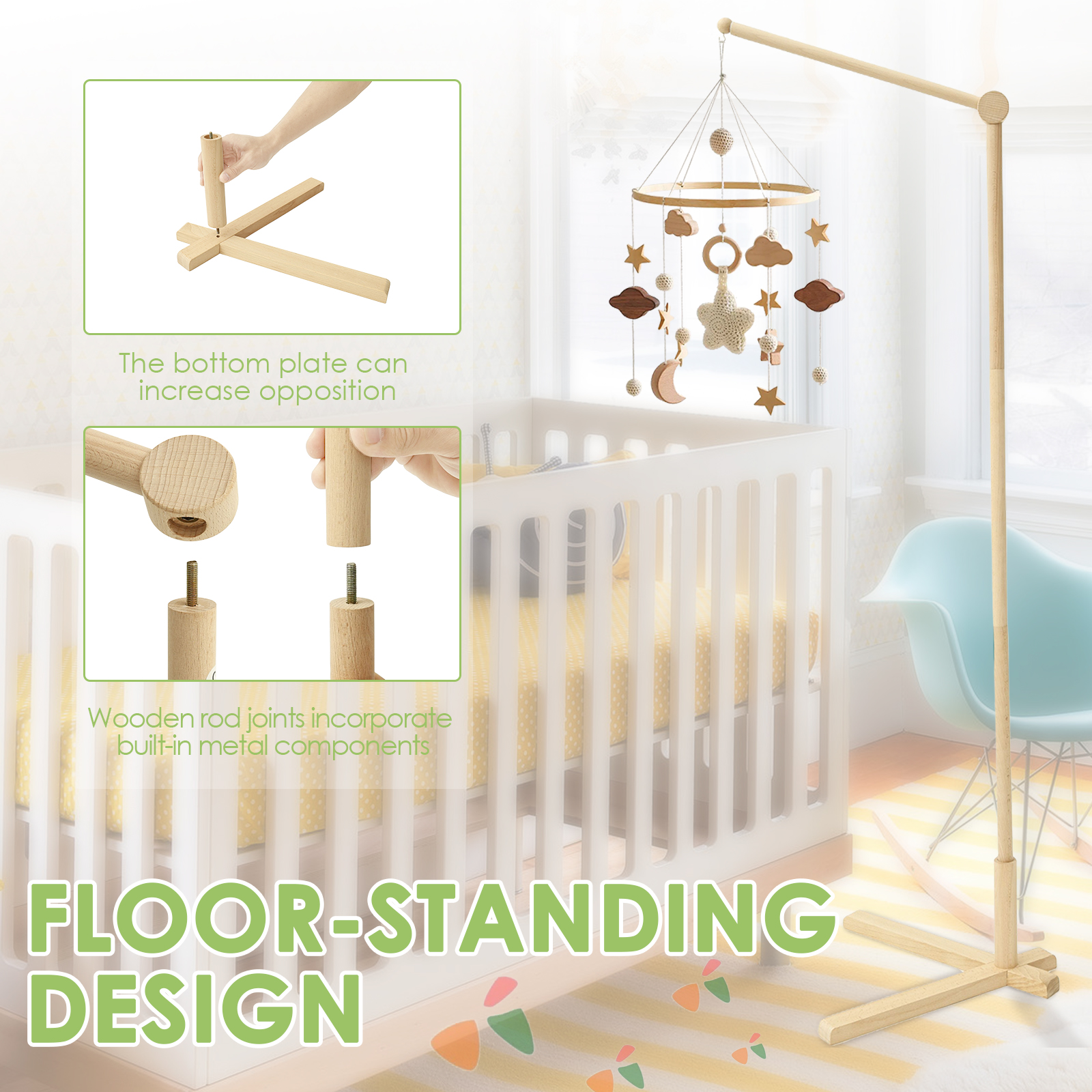 Wood Floor Standing Crib Mobil - Baby Nursery Toy 评论和价格