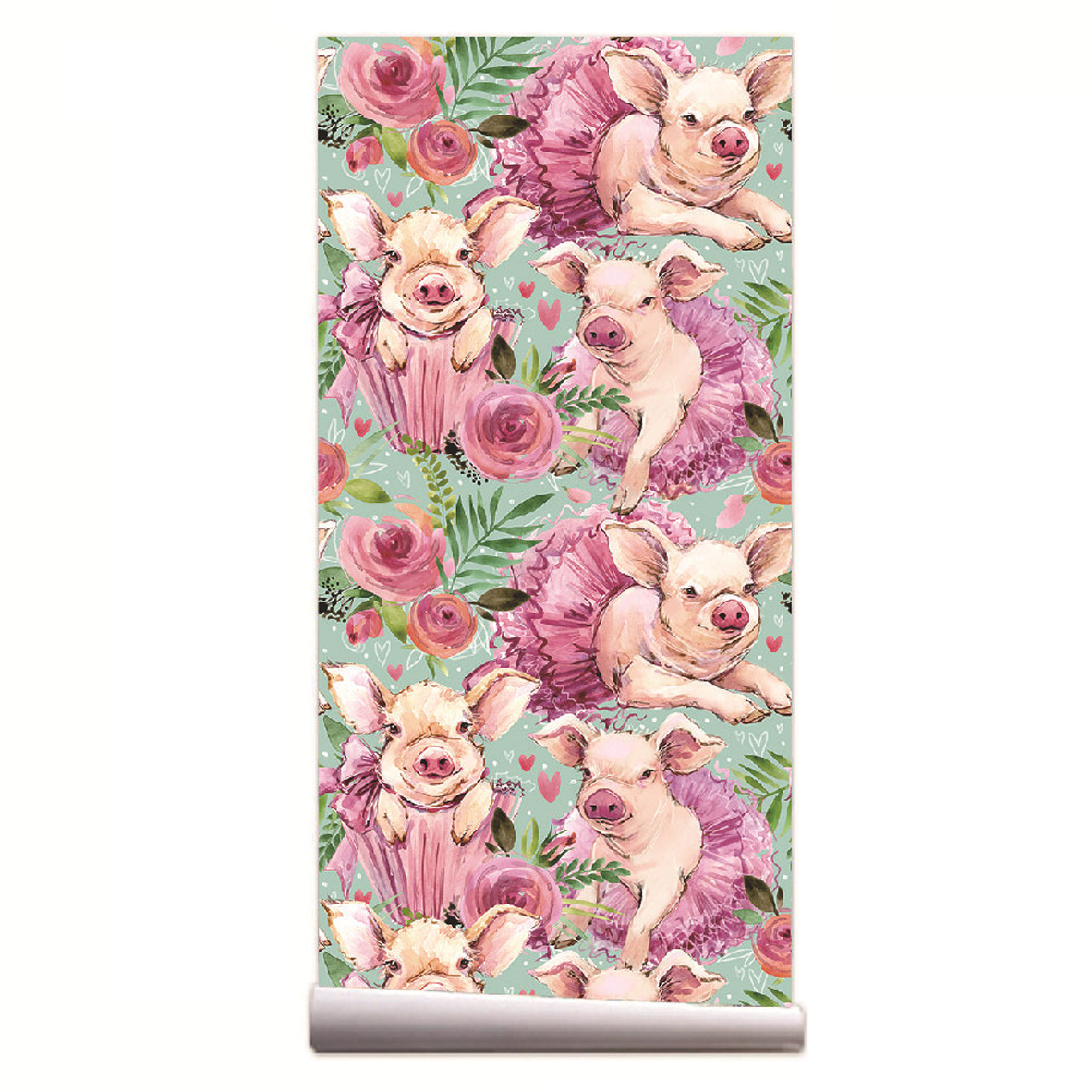 Pink Rose Floral Cute Baby Pig - Baby Nursery Peel And Stick Wallpaper 评论和价格