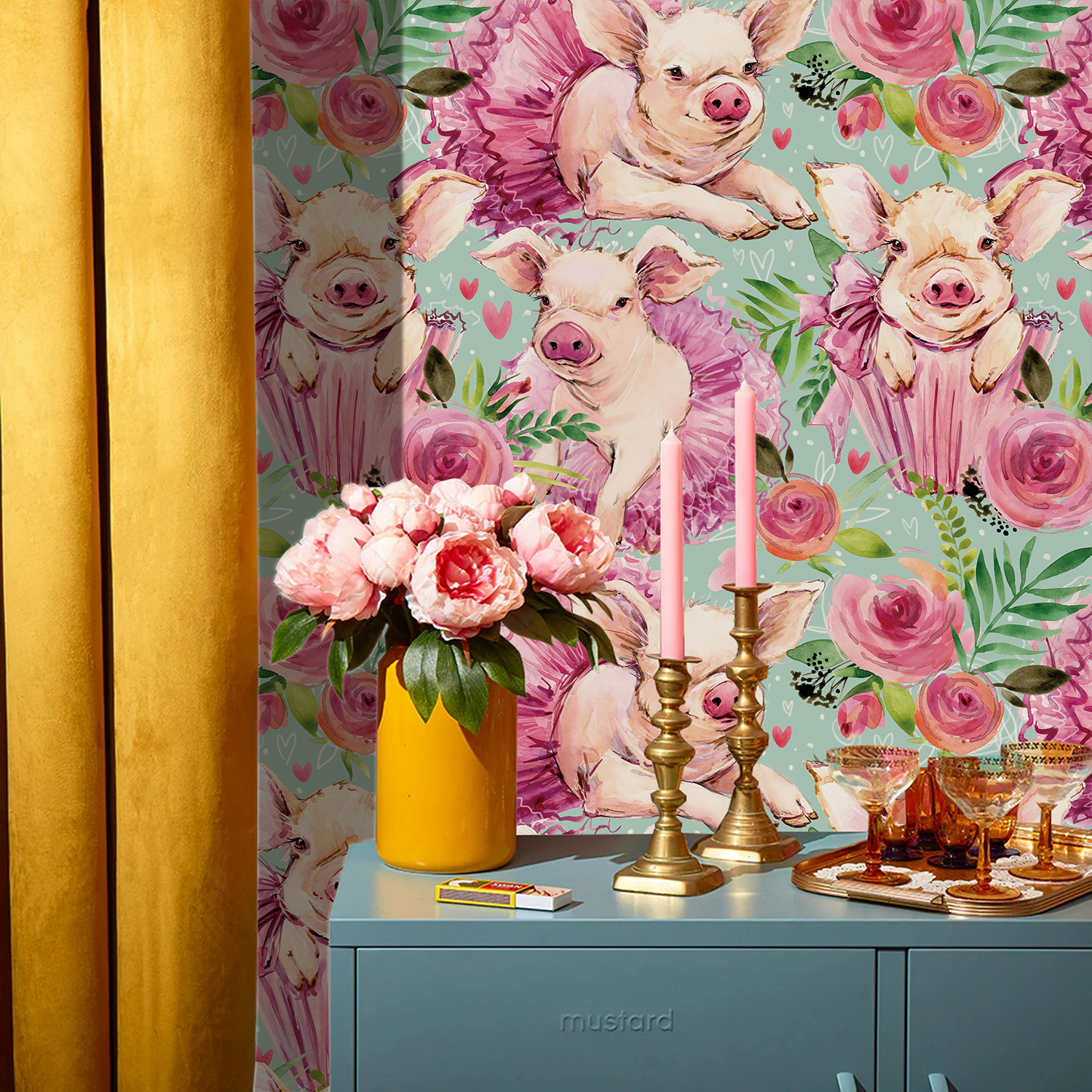 Pink Rose Floral Cute Baby Pig - Baby Nursery Peel And Stick Wallpaper 评论和价格