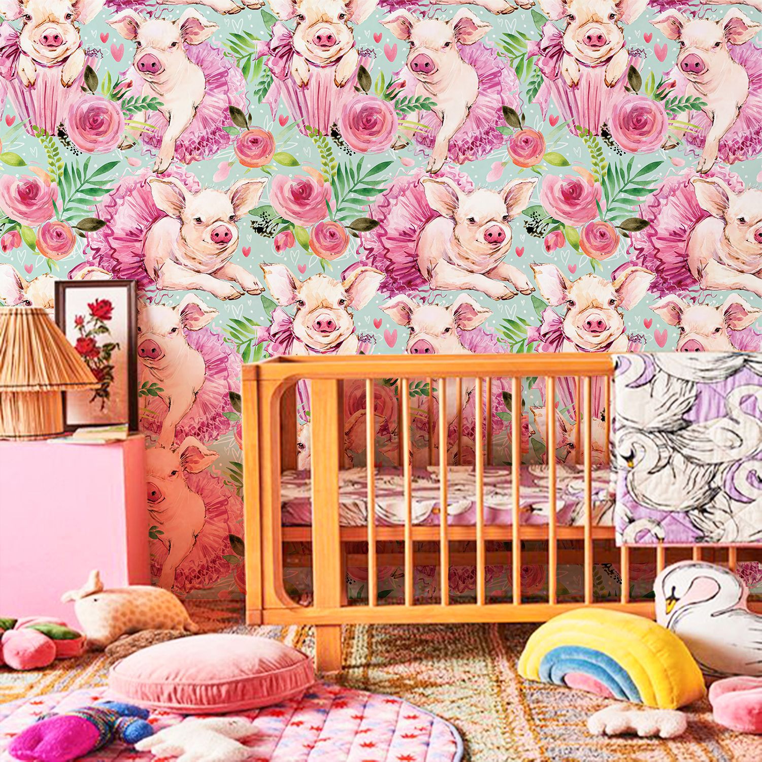Pink Rose Floral Cute Baby Pig - Baby Nursery Peel And Stick Wallpaper 评论和价格