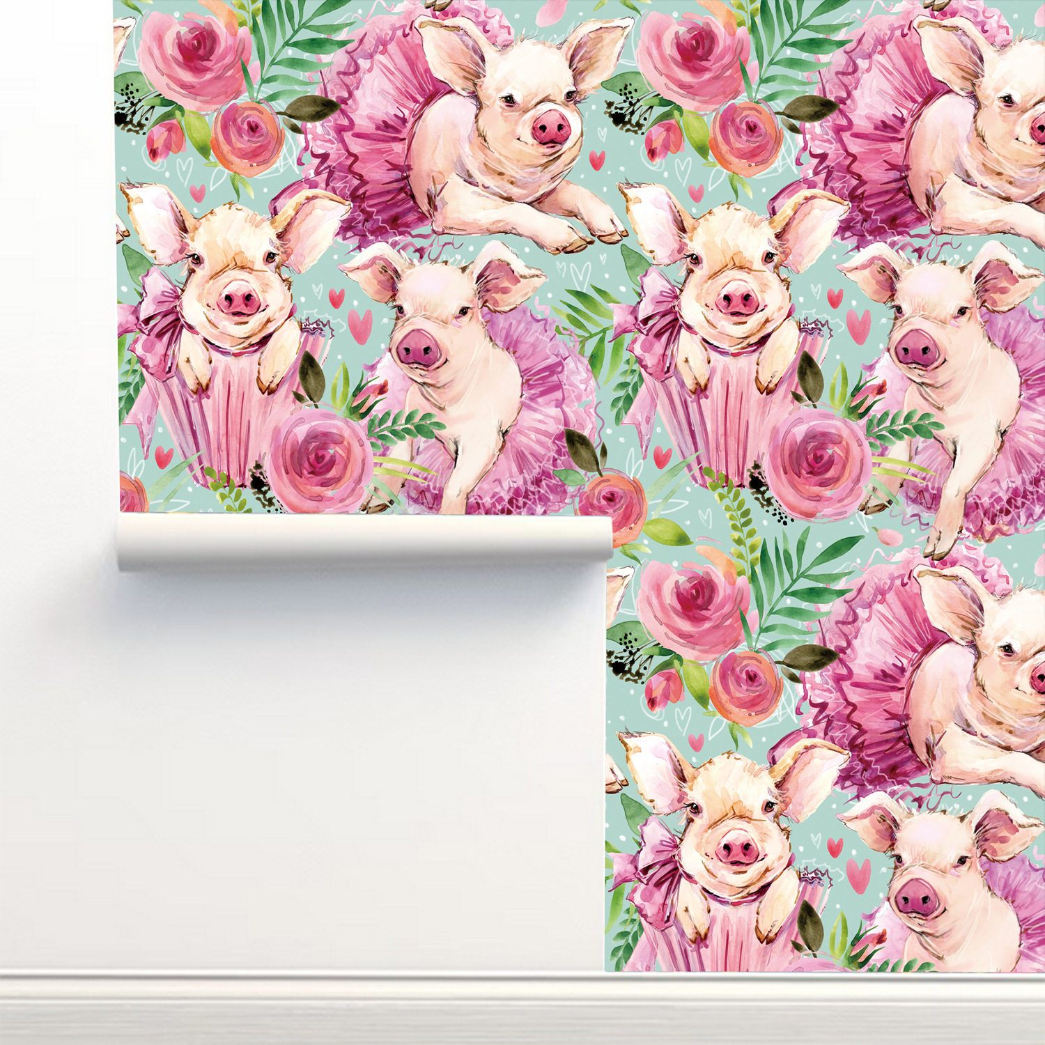 Pink Rose Floral Cute Baby Pig - Baby Nursery Peel And Stick Wallpaper 评论和价格