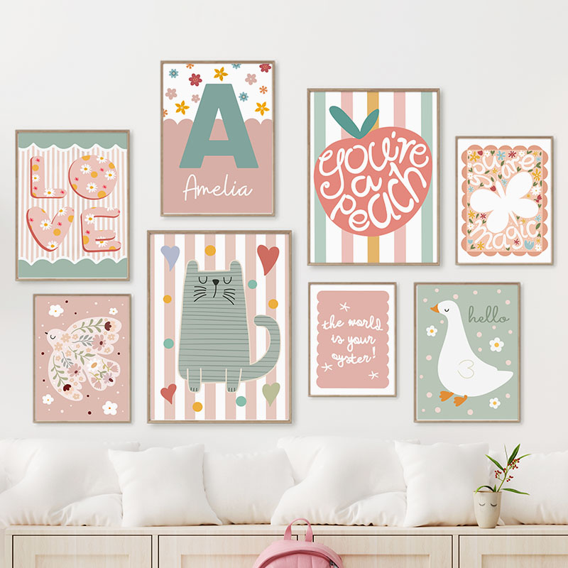 Cartoon Cat Duck Bird Apple Cu - Baby Nursery Name Wall Art 评论和价格